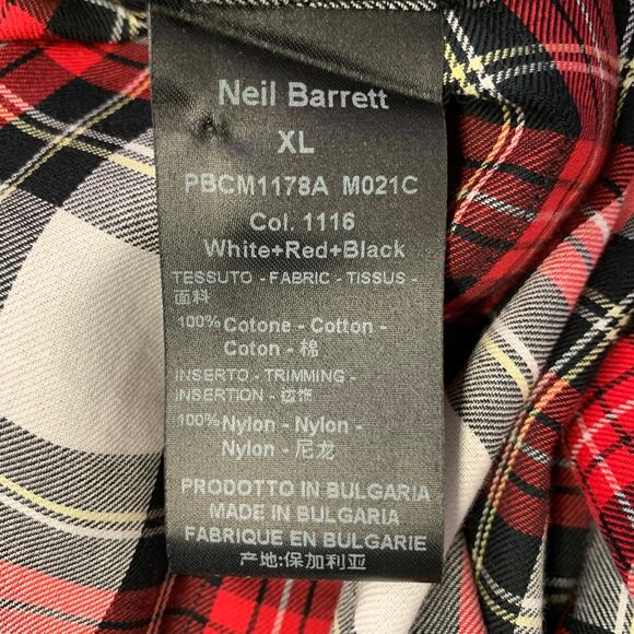 NEIL BARRETT Size XL Red Black White Plaid Cotton One Pocket Short Sleeve Shirt - Picture 8 of 8
